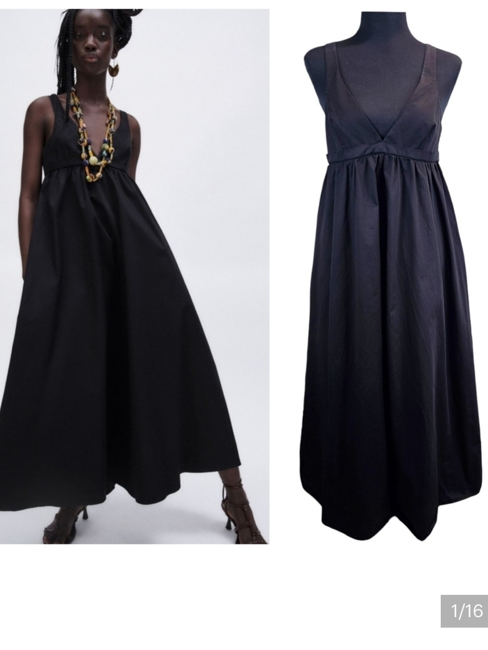 Zara Black Poplin Maxi Dress Voluminous Empire Waist Sleeveless Size Medium